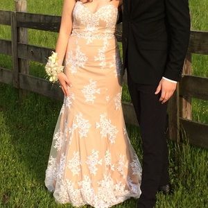Beige and white prom dress